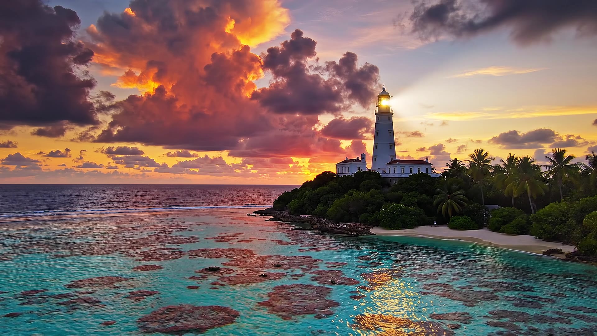 A lighthouse overlooking the coast at sunset